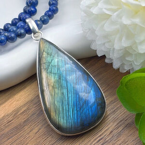 XL Solid Sterling Silver 925 Flash Labradorite Pendant Lapis Lazuli Necklace New